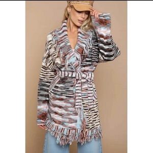POL Boho Desert Sunset Striped Cardigan Womens m Western Fringe Belted Shawl